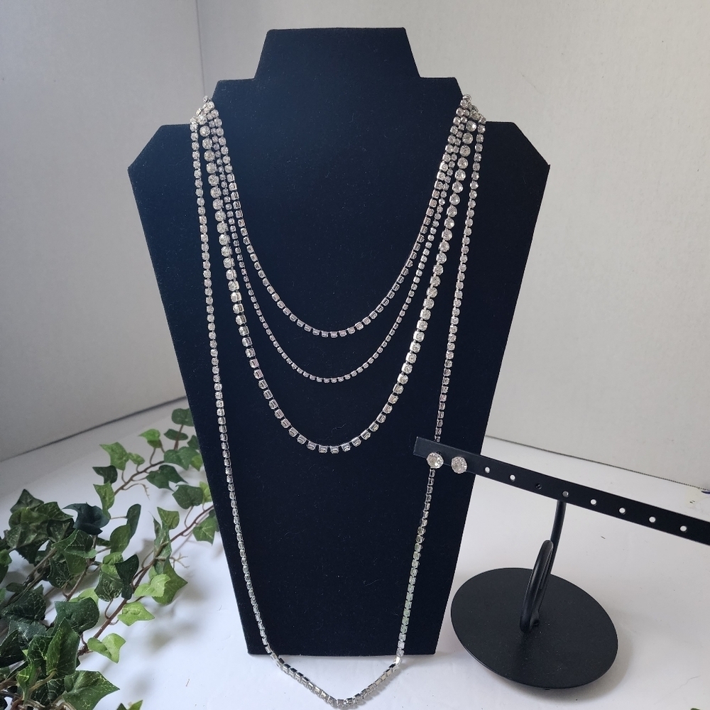 Silver Crystal Rhinestone Multi Layer Necklace Earrings Set